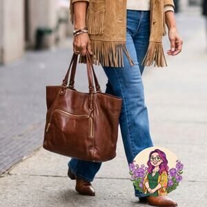 VTG Style Liz Claiborne Leather Tote Bag Brown Large 100% Cowhide Shoulder Bag